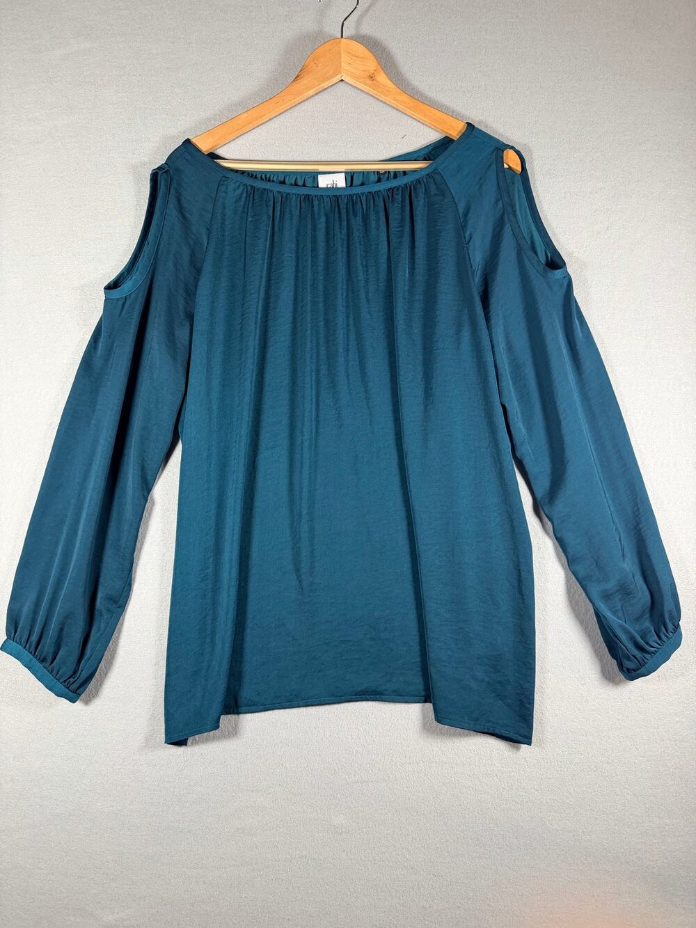 Cabi Womens Cold Shoulder Blouse Size L Teal Long Sleeve Satin